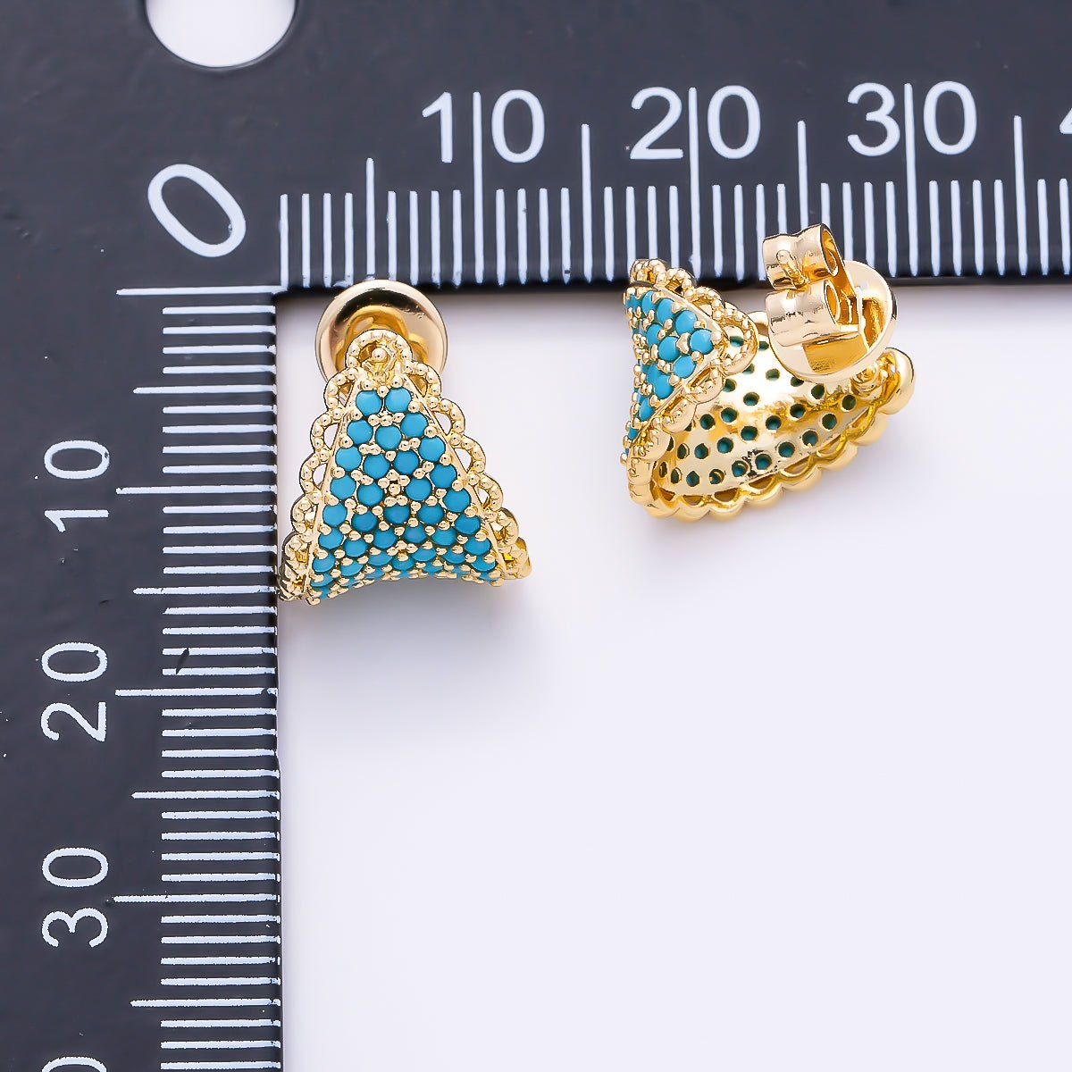 16K Gold Filled 15mm Turquoise Micro Paved CZ Lace Curved Triangle Stud Earrings | Earrings-00835 - DLUXCA