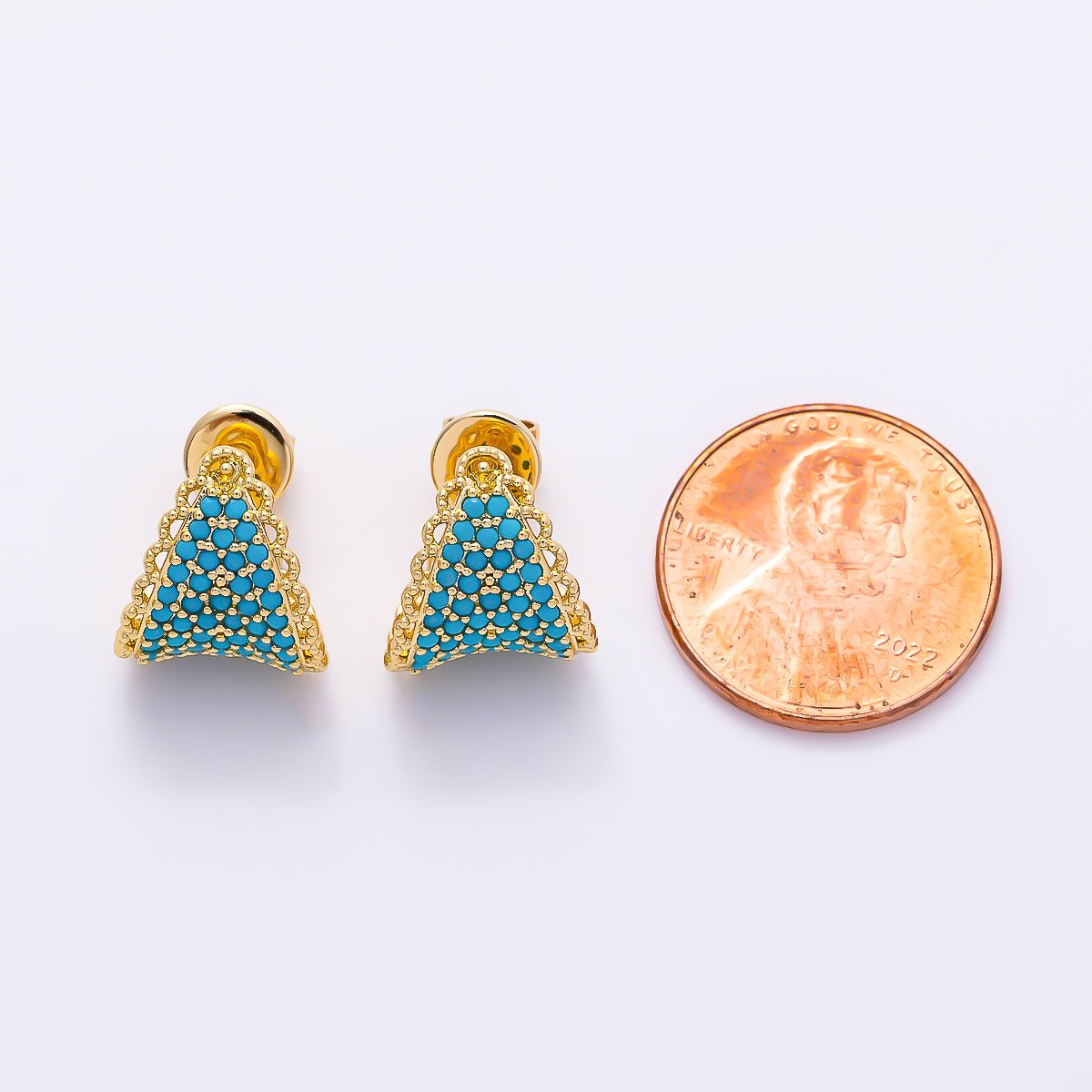 16K Gold Filled 15mm Turquoise Micro Paved CZ Lace Curved Triangle Stud Earrings | Earrings-00835 - DLUXCA