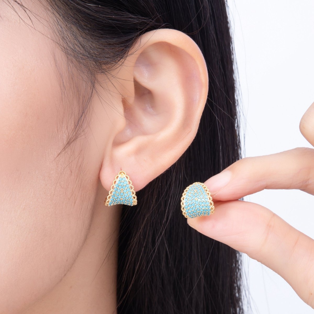 16K Gold Filled 15mm Turquoise Micro Paved CZ Lace Curved Triangle Stud Earrings | Earrings-00835 - DLUXCA