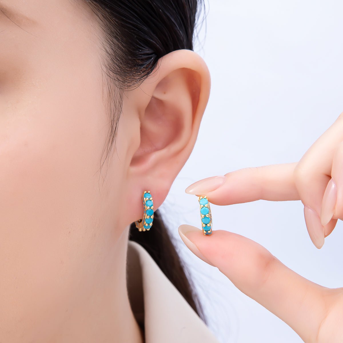 16K Gold Filled 15mm Turquoise Micro Paved Round Huggie Earrings | Earrings - 00367 - DLUXCA