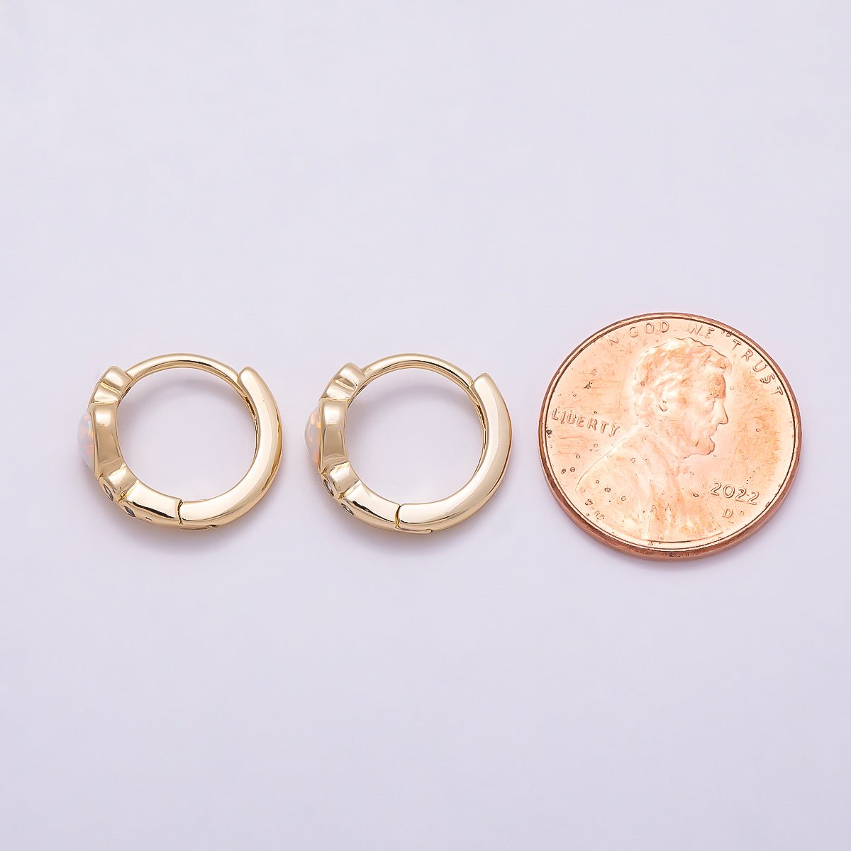 16K Gold Filled 15mm White Opal Clear CZ Dotted Heart Cartilage Huggie Earrings | Earrings-00427 - DLUXCA