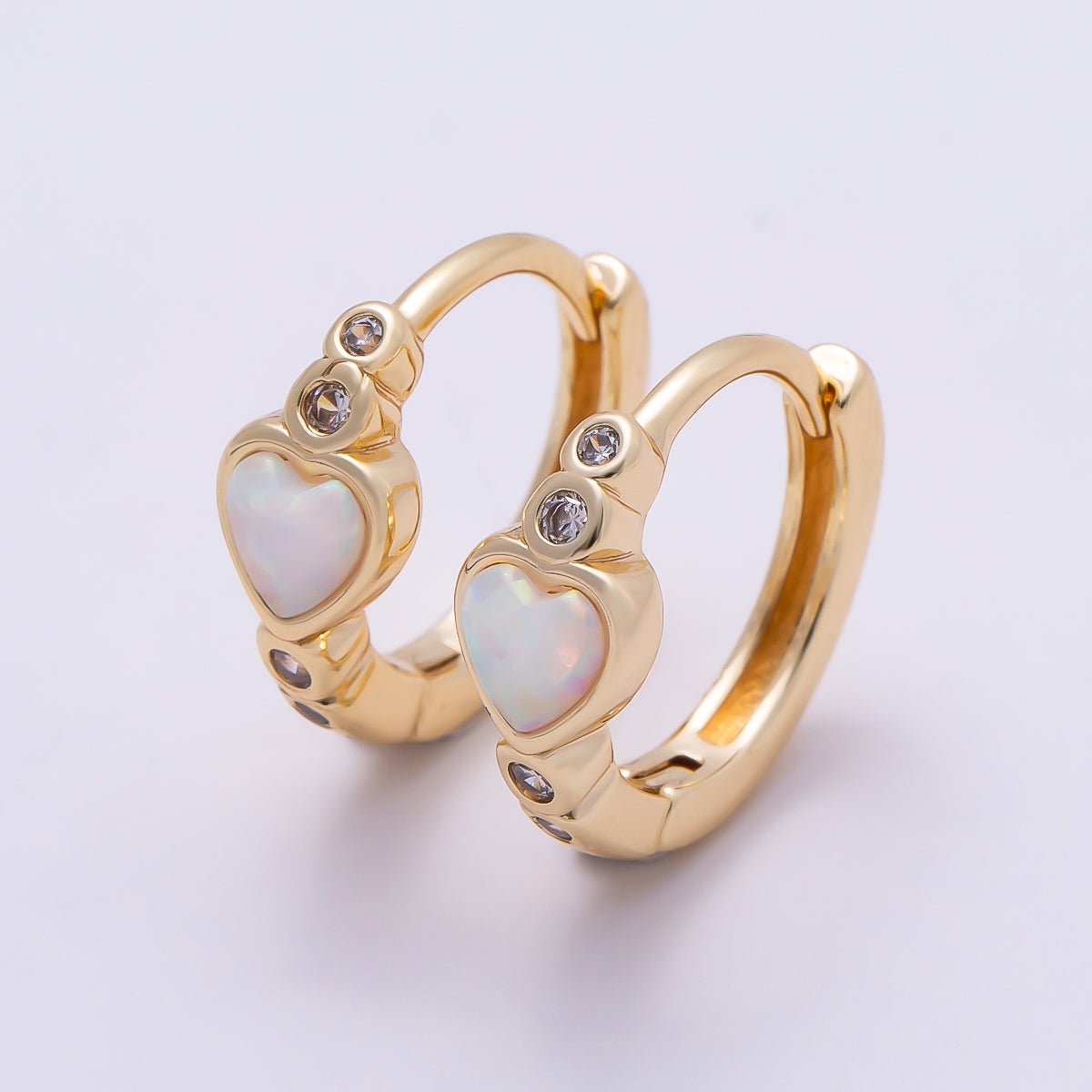 16K Gold Filled 15mm White Opal Clear CZ Dotted Heart Cartilage Huggie Earrings | Earrings-00427 - DLUXCA