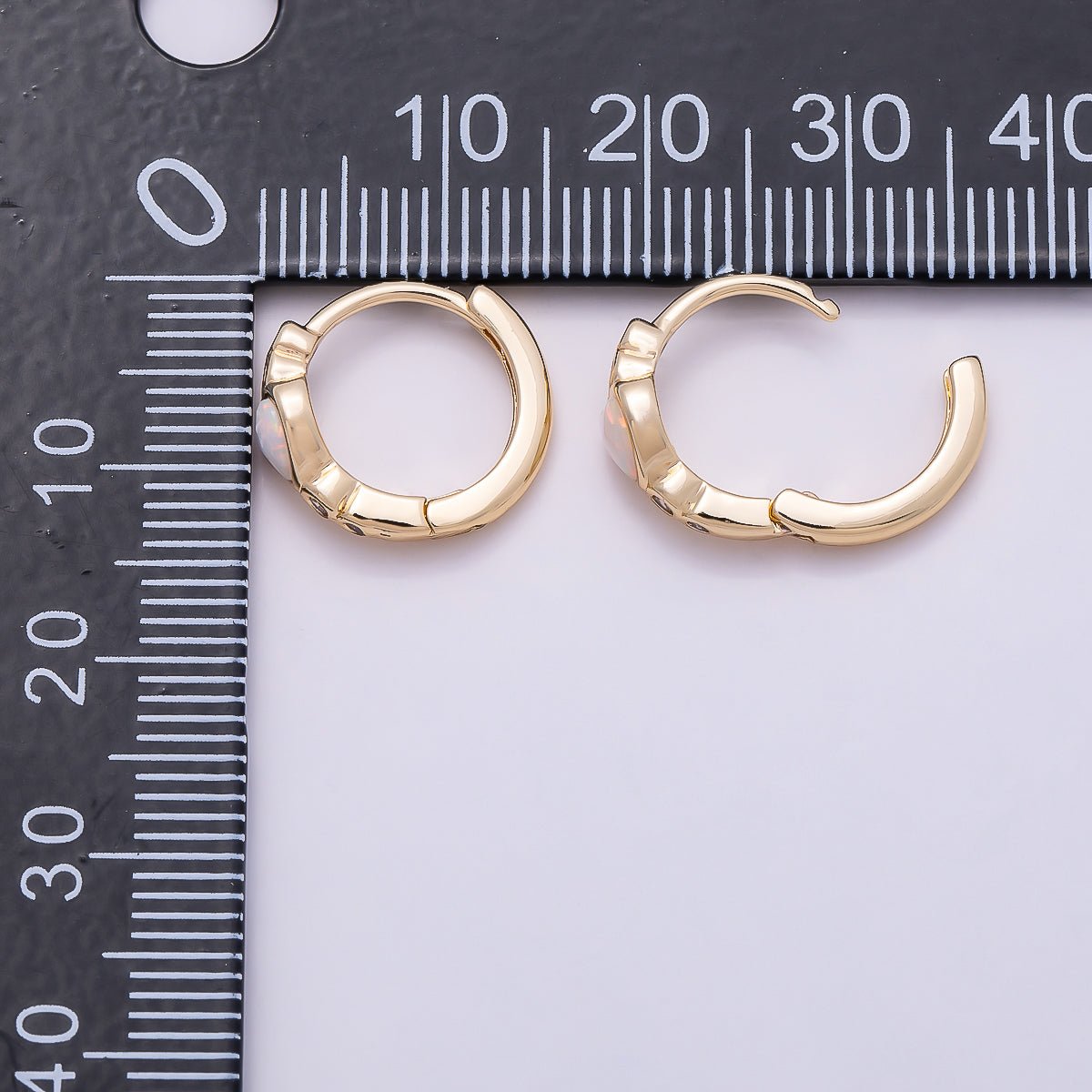 16K Gold Filled 15mm White Opal Clear CZ Dotted Heart Cartilage Huggie Earrings | Earrings-00427 - DLUXCA