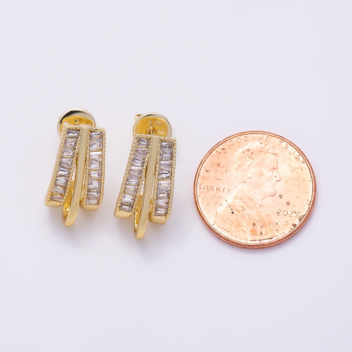 16K Gold Filled 16.5mm Baguette Triple Band J-Shaped Hoop Earrings | Earrings-00720 - DLUXCA