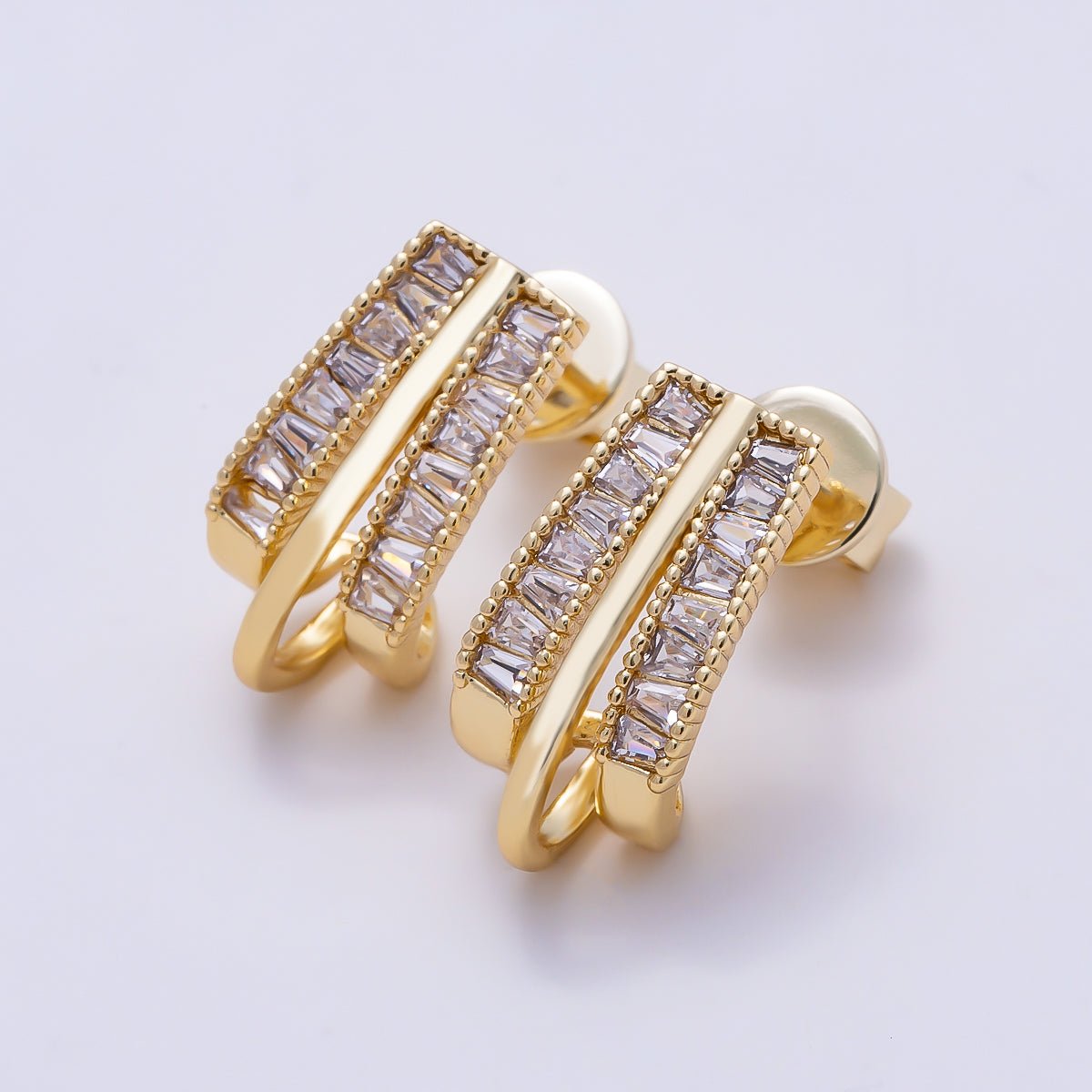 16K Gold Filled 16.5mm Baguette Triple Band J-Shaped Hoop Earrings | Earrings-00720 - DLUXCA