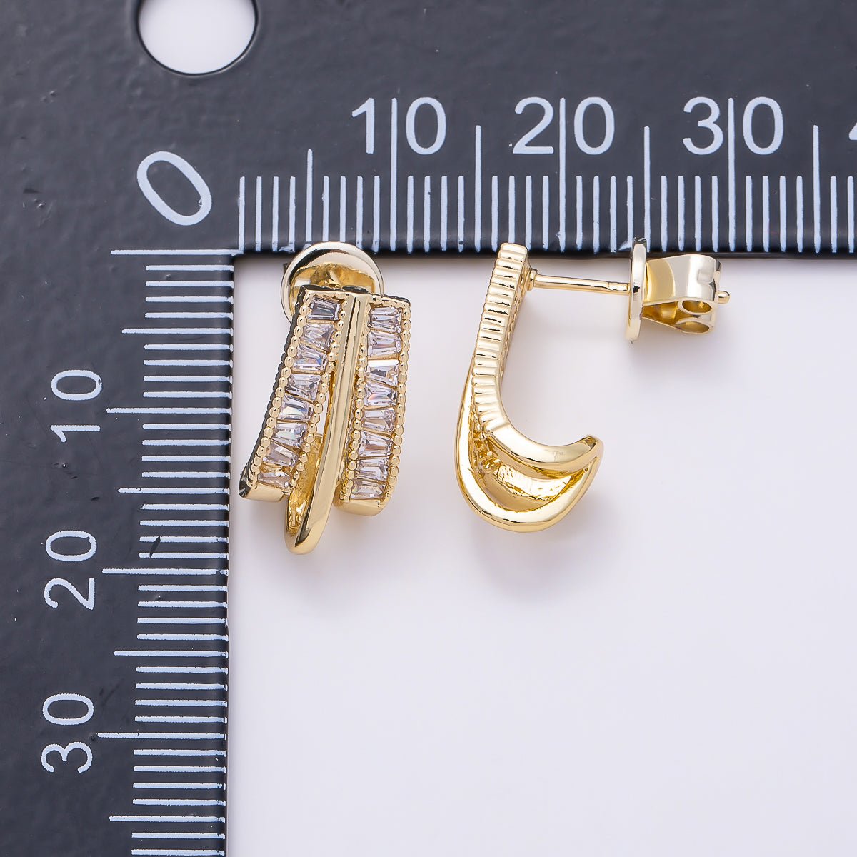 16K Gold Filled 16.5mm Baguette Triple Band J-Shaped Hoop Earrings | Earrings-00720 - DLUXCA