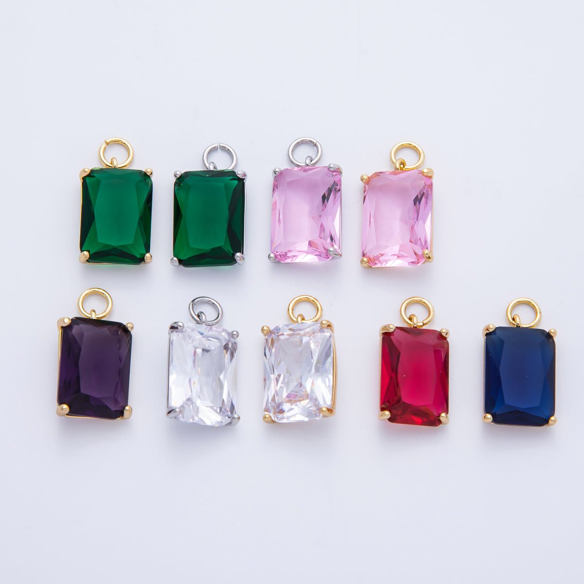 16K Gold Filled 16.5mm Green, Pink, Clear, Red, Blue, Purple Baguette CZ Charm in Gold & Silver | Charms - 00294 ~ Charms - 00302 - DLUXCA