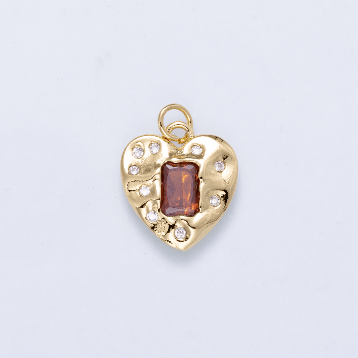 16K Gold Filled 16.5mm Red Baguette CZ Dotted Hammered Heart Charm | Charms-01268 - DLUXCA