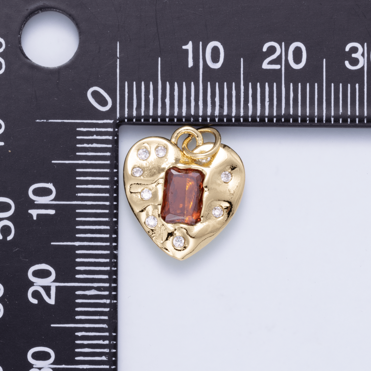 16K Gold Filled 16.5mm Red Baguette CZ Dotted Hammered Heart Charm | Charms-01268 - DLUXCA