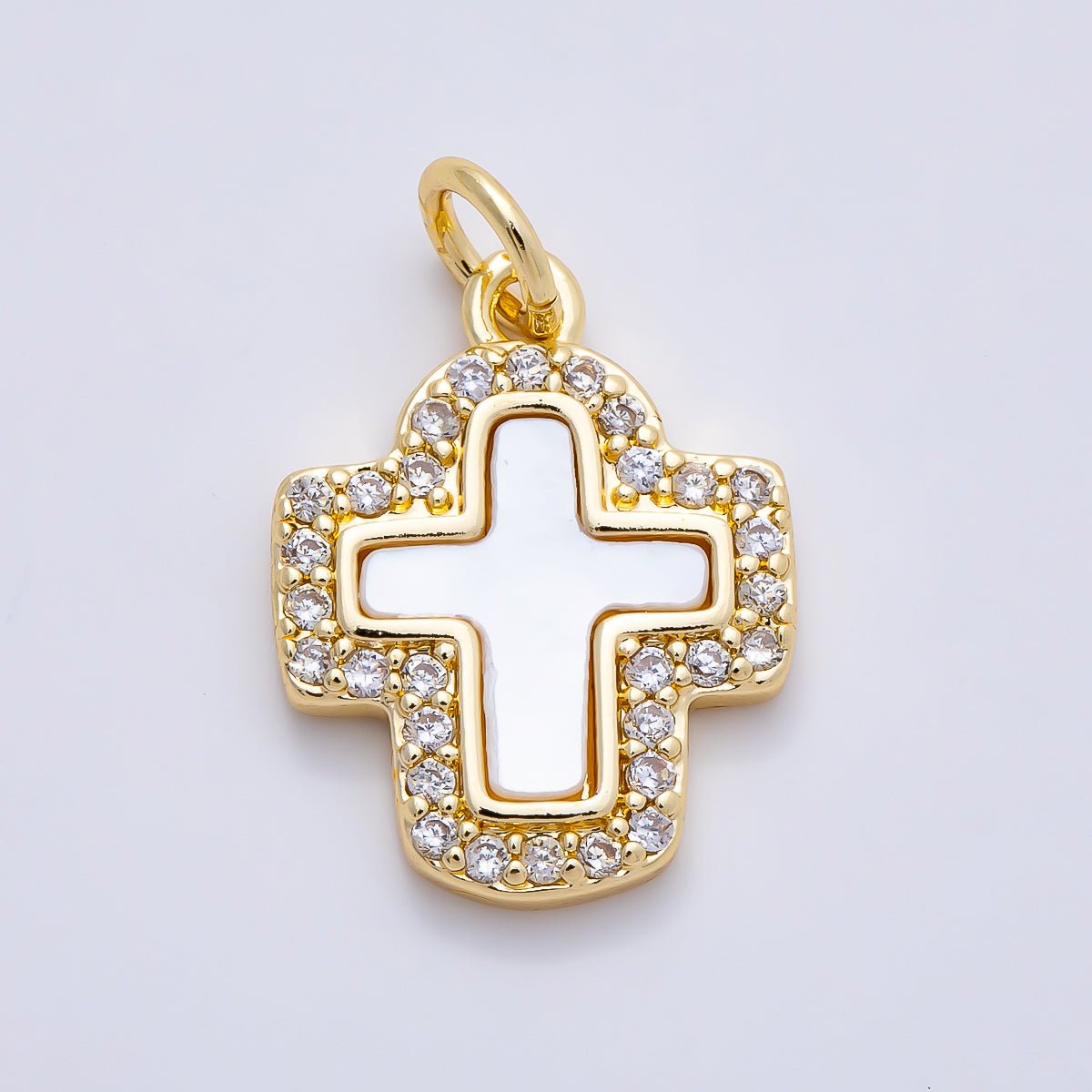 16K Gold Filled 16.5mm Shell Pearl Micro Paved CZ Cross Charm in Gold & Silver | Charms-01257 - DLUXCA