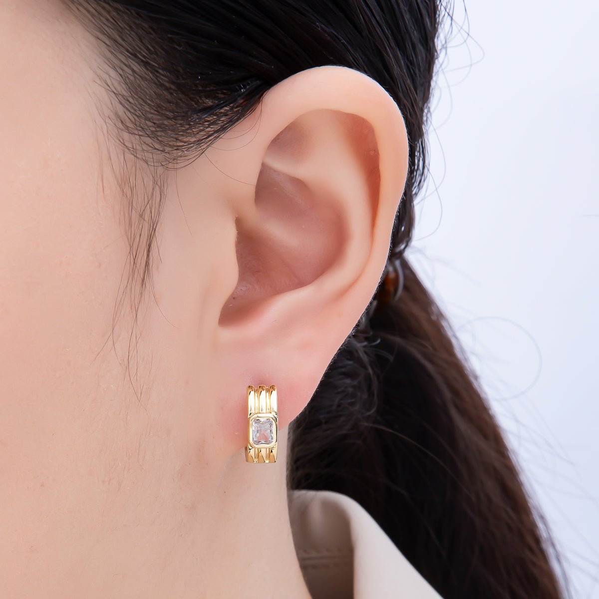 16K Gold Filled 16mm Baguette CZ Triple Band Hoop Earrings | Earrings - 00369 - DLUXCA