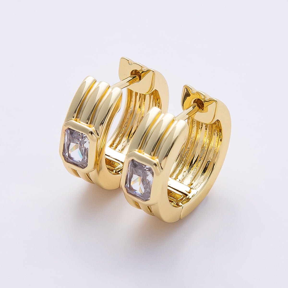 16K Gold Filled 16mm Baguette CZ Triple Band Hoop Earrings | Earrings - 00369 - DLUXCA
