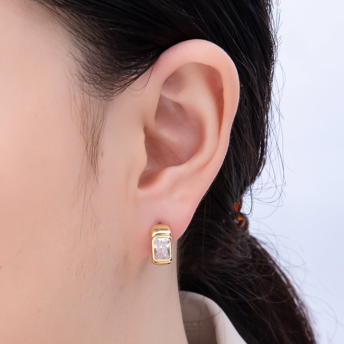 16K Gold Filled 16mm Baguette CZ Wide Huggie Hoop Earrings | Earrings - 00365 - DLUXCA