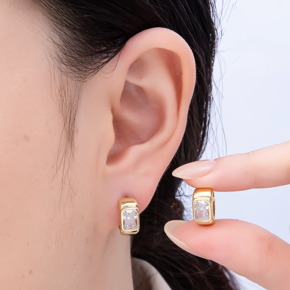 16K Gold Filled 16mm Baguette CZ Wide Huggie Hoop Earrings | Earrings - 00365 - DLUXCA