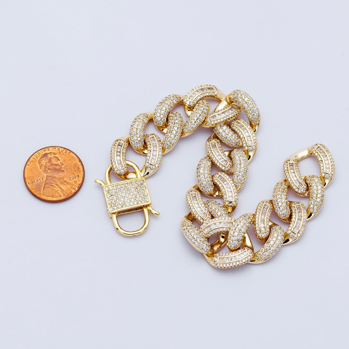 16K Gold Filled 16mm Baguette Micro Paved CZ Curb Chain 7 Inch Bracelet w. Lock Clasps | WA - 04166 - DLUXCA