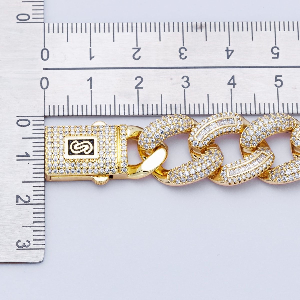 16K Gold Filled 16mm Baguette Micro Paved CZ Curb Chain 7.4 Inch Bracelet | WA - 04165 - DLUXCA