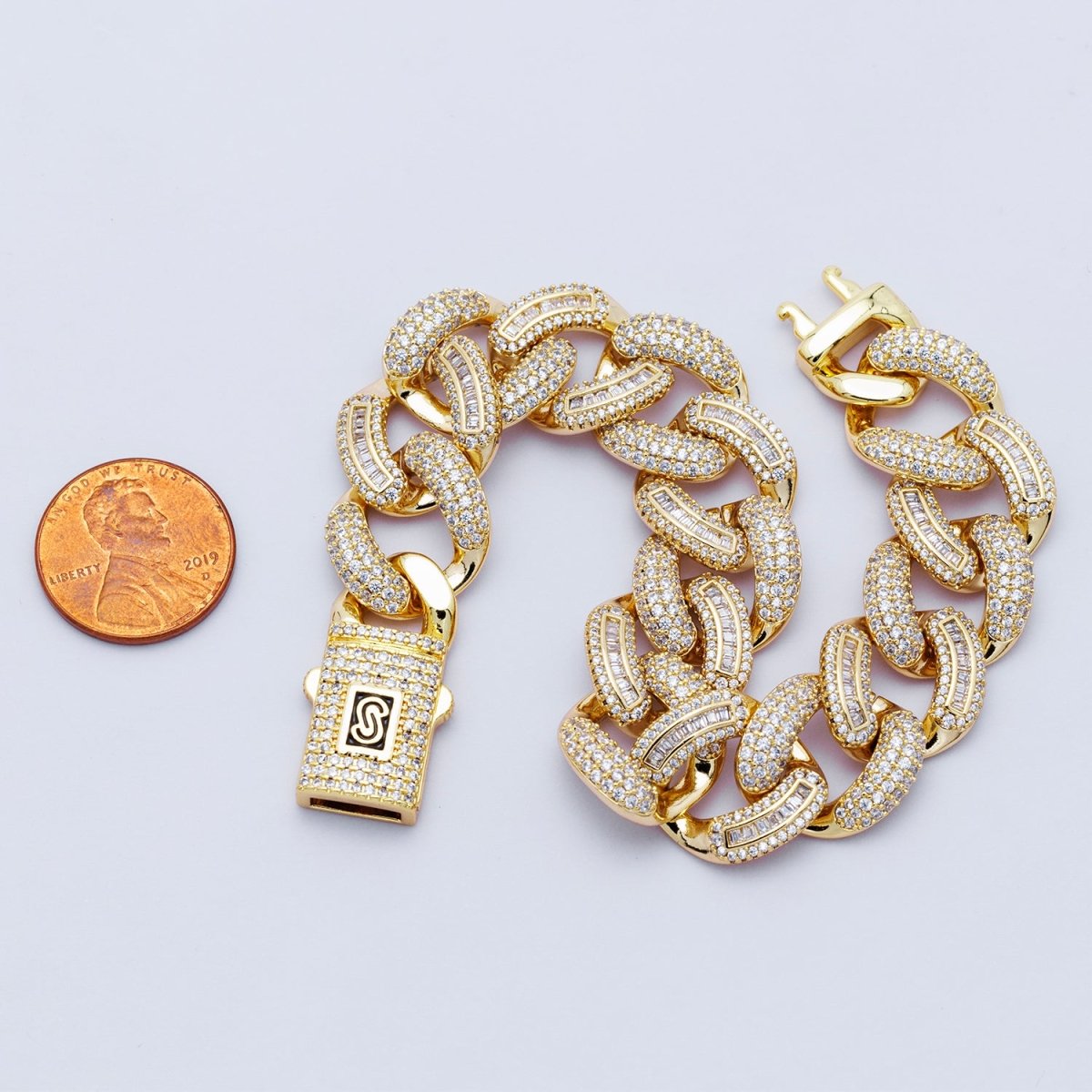 16K Gold Filled 16mm Baguette Micro Paved CZ Curb Chain 7.4 Inch Bracelet | WA - 04165 - DLUXCA