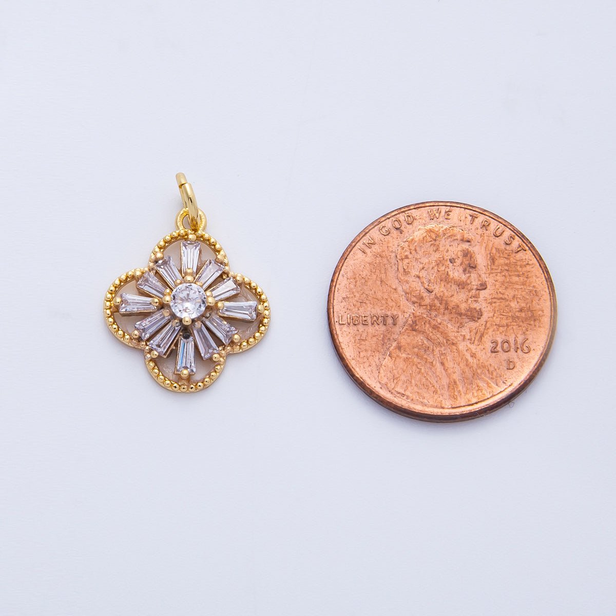 16K Gold Filled 16mm Clear Baguette CZ Four Leaf Clover Flower Charm | Charms - 00357 - DLUXCA