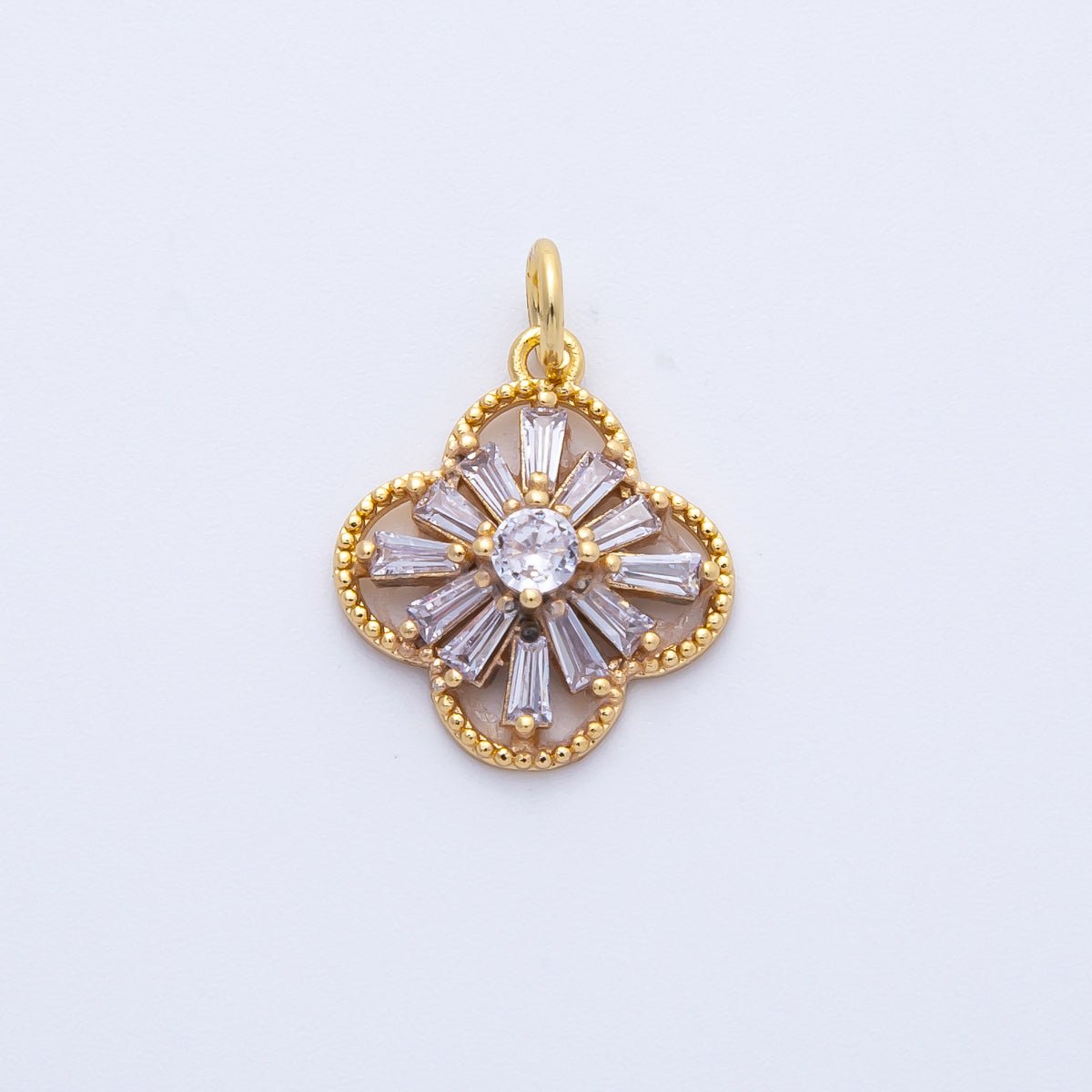 16K Gold Filled 16mm Clear Baguette CZ Four Leaf Clover Flower Charm | Charms - 00357 - DLUXCA