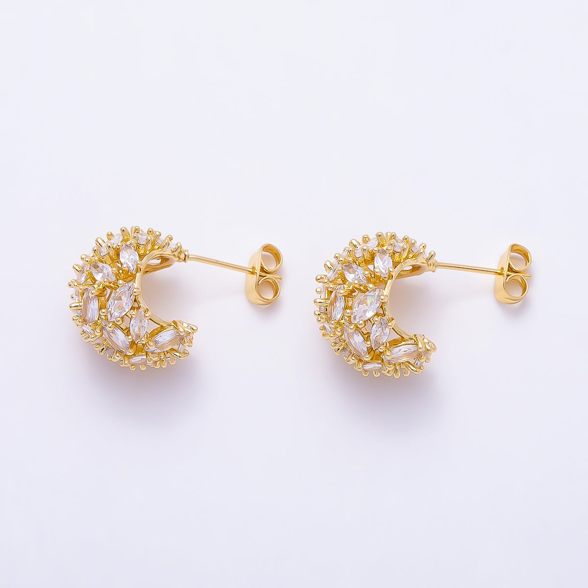 16K Gold Filled 16mm Clear CZ Marquise Cluster C-Shaped Dome Hoop | Earrings-00723 - DLUXCA