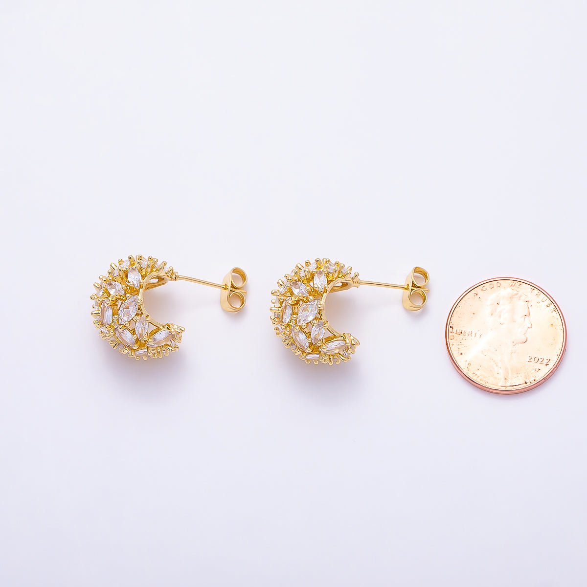 16K Gold Filled 16mm Clear CZ Marquise Cluster C-Shaped Dome Hoop | Earrings-00723 - DLUXCA