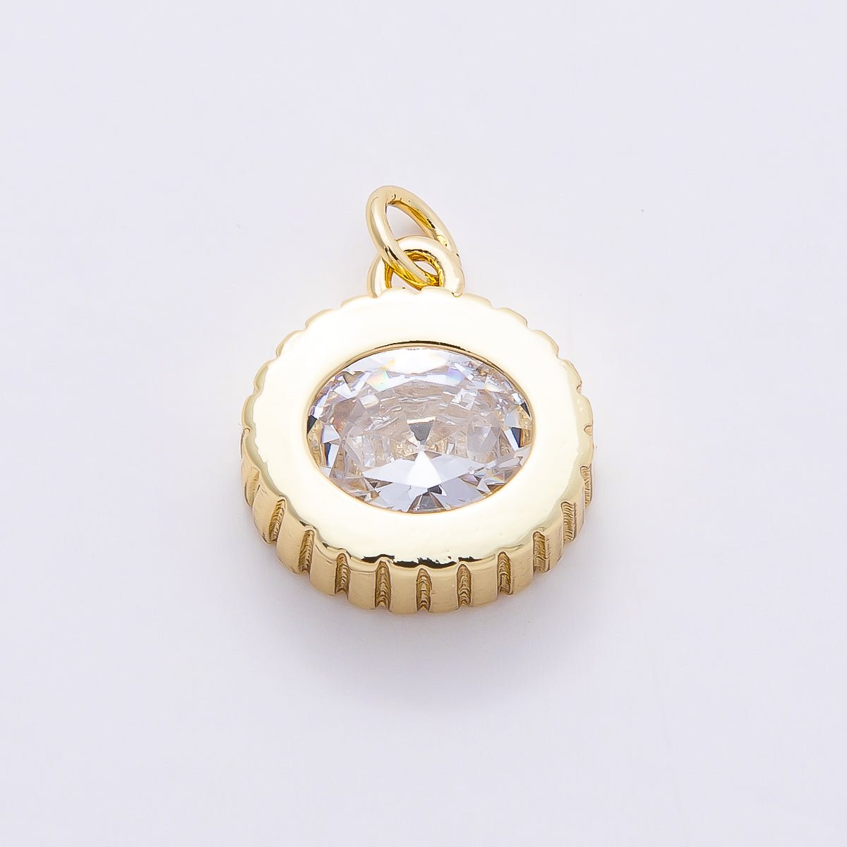 16K Gold Filled 16mm Clear CZ Ribbed Round Solitaire Charm | Charms - 00758 - DLUXCA
