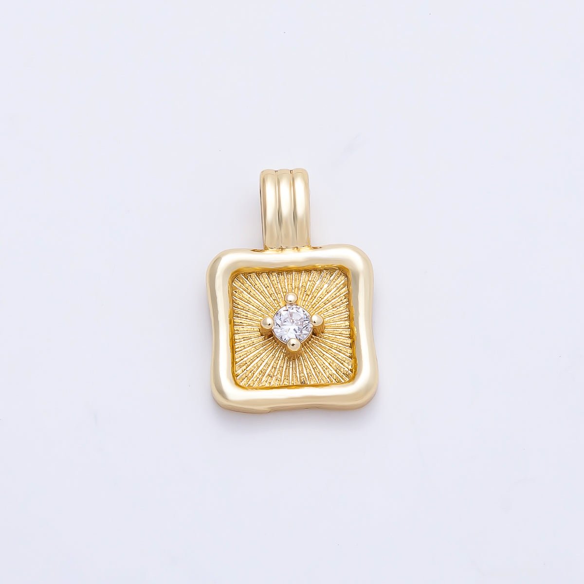 16K Gold Filled 16mm Clear CZ Sunburst Molten Bezel Square Pendant | Charms-01249 - DLUXCA