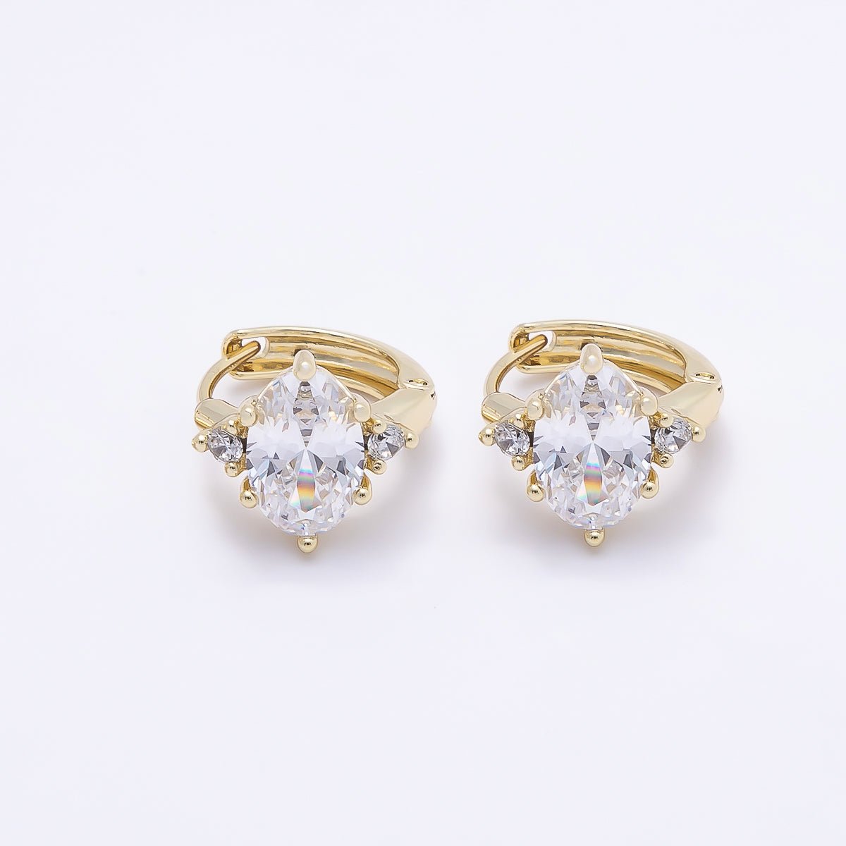 16K Gold Filled 16mm Clear Oval CZ Solitaire Cartilage Huggie Earrings | Earrings-00435 - DLUXCA
