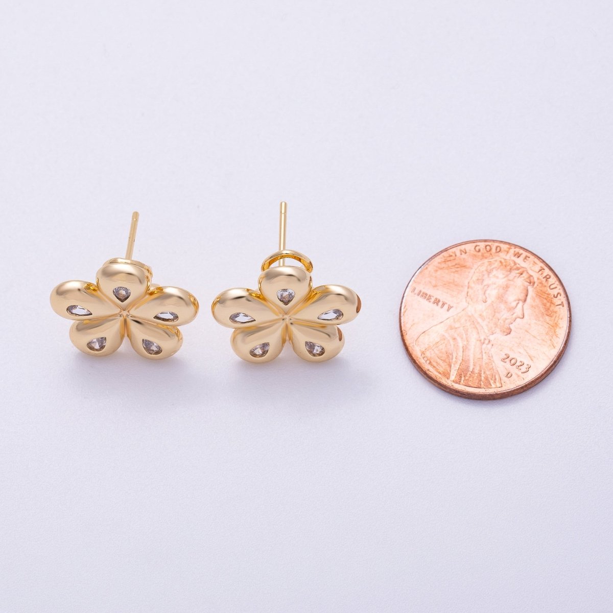 16K Gold Filled 16mm Clear Teardrop CZ Chubby Flower Stud Earrings | Earrings - 00323 - DLUXCA