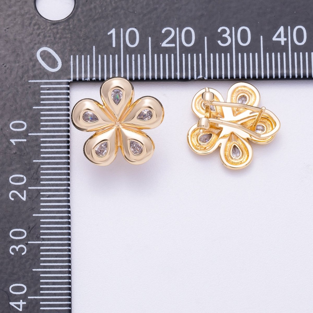 16K Gold Filled 16mm Clear Teardrop CZ Chubby Flower Stud Earrings | Earrings - 00323 - DLUXCA