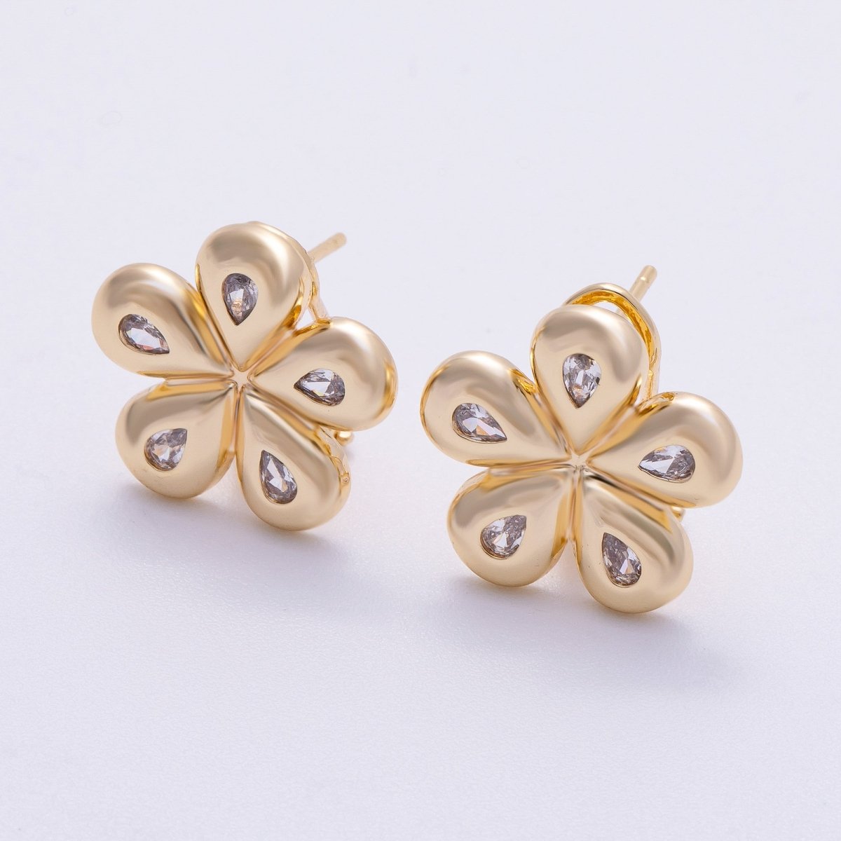 16K Gold Filled 16mm Clear Teardrop CZ Chubby Flower Stud Earrings | Earrings - 00323 - DLUXCA