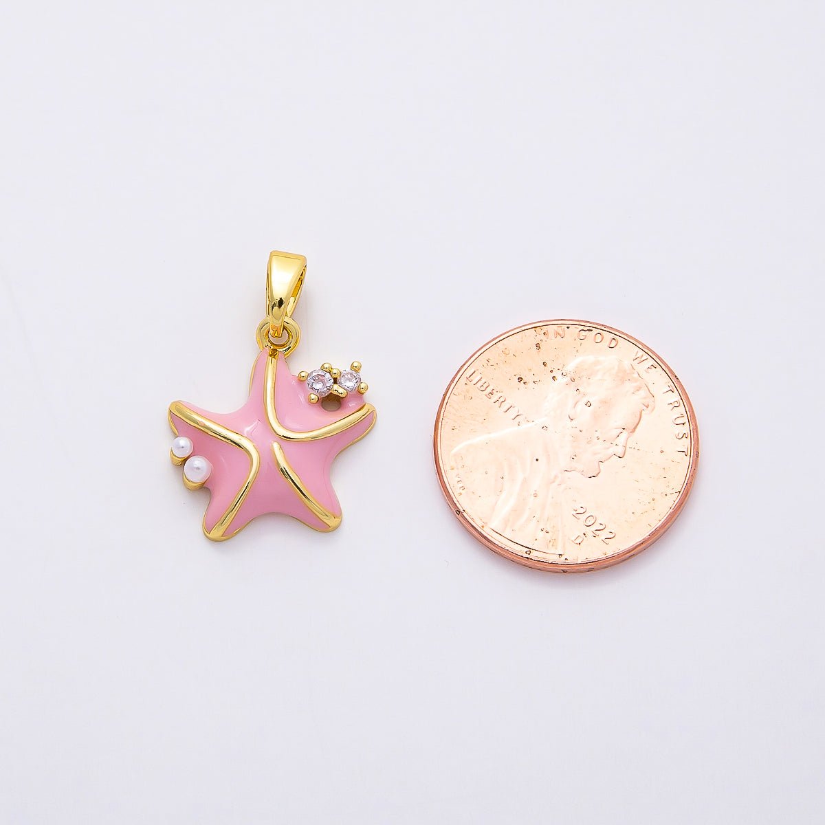 16K Gold Filled 16mm CZ Pink Enamel Shell Pearl Starfish Charm | Charms - 00846 - DLUXCA