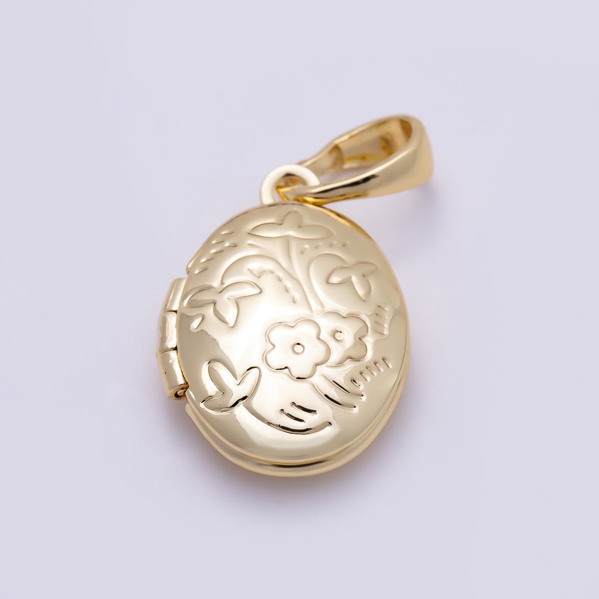 16K Gold Filled 16mm Flower Engraved Oval Locket Pendant | Charms-01382 - DLUXCA