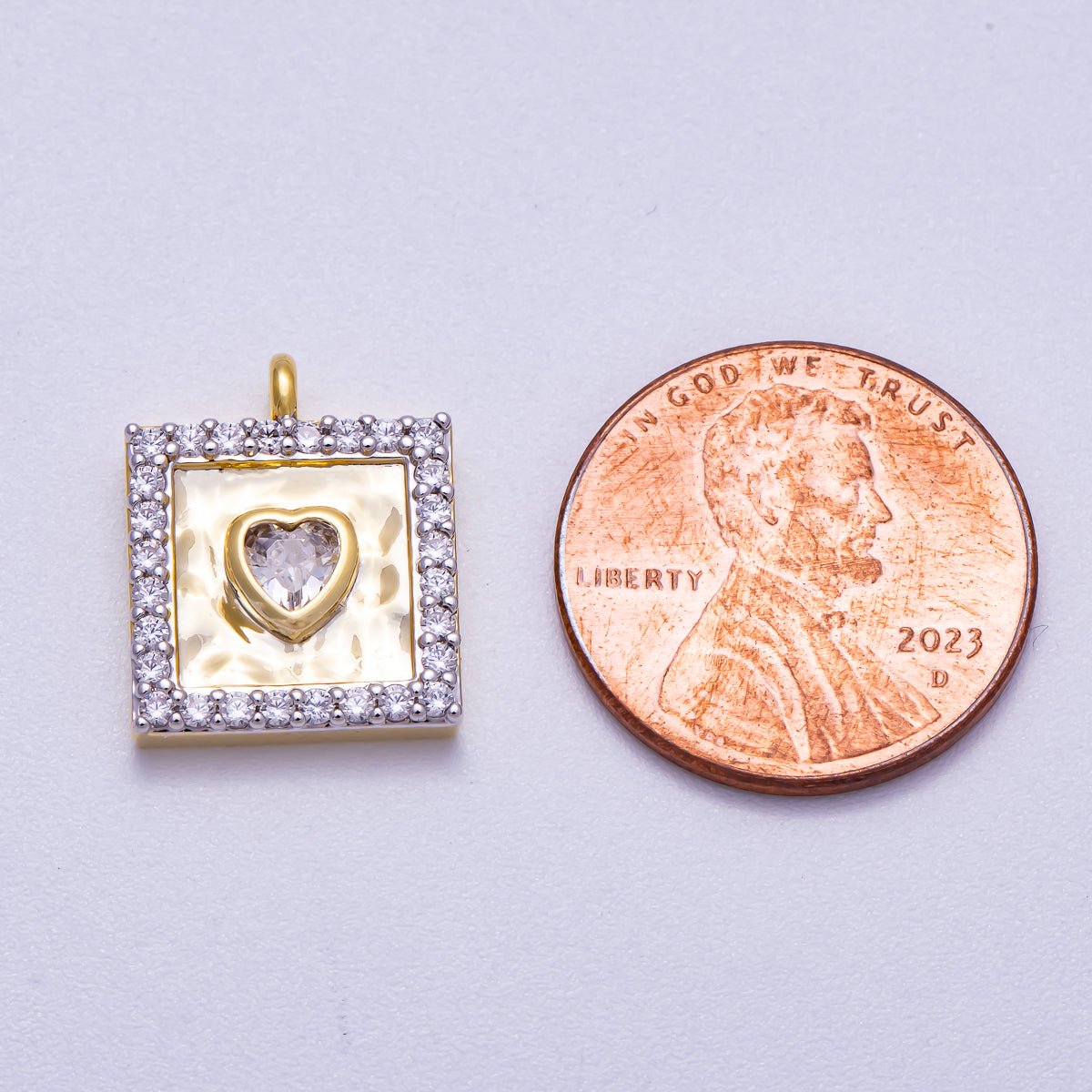 16K Gold Filled 16mm Micro Paved CZ Heart Bezel Hammered Square Charm | Charms - 00573 - DLUXCA