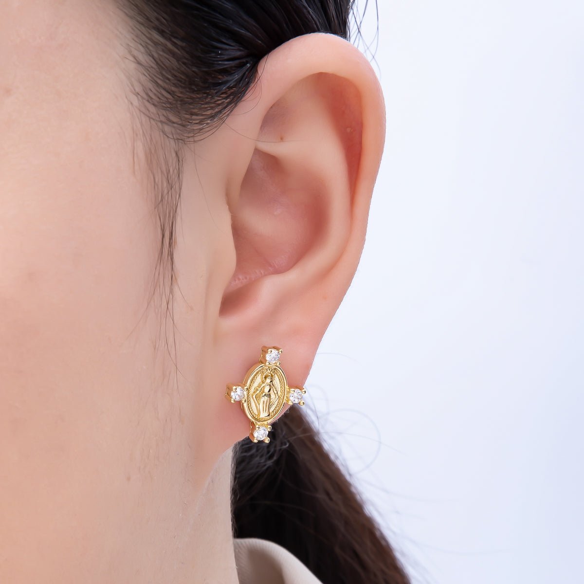 16K Gold Filled 16mm Micro Paved CZ Mother Mary Oval Religious Stud Earrings | Earrings - 00348 - DLUXCA