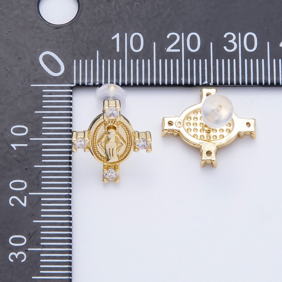 16K Gold Filled 16mm Micro Paved CZ Mother Mary Oval Religious Stud Earrings | Earrings - 00348 - DLUXCA