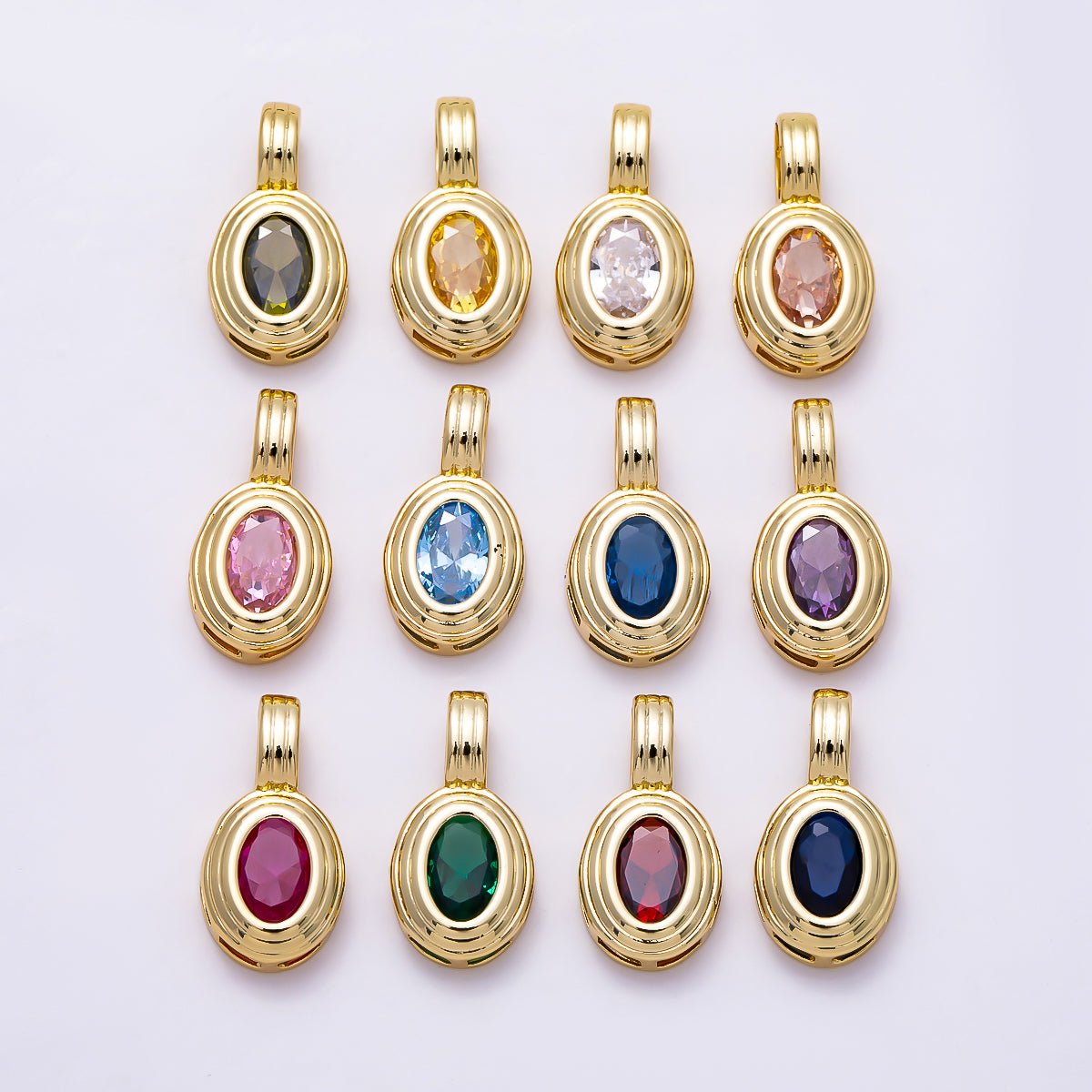 16K Gold Filled 16mm Minimalist Oval Bezel CZ Birthstone Textured Bail Pendant | Charms-01817 - Charms-01828 - DLUXCA