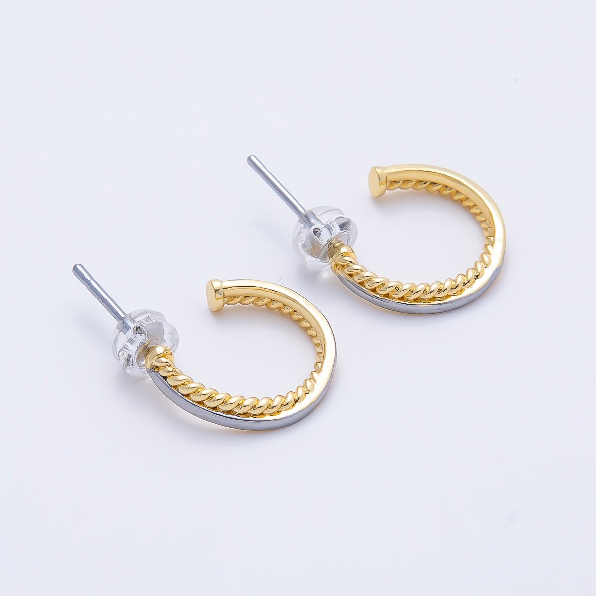 16K Gold Filled 16mm Mixed Metal Croissant Double C-Shaped Hoop in Silver & Gold | Earrings-00650 - DLUXCA