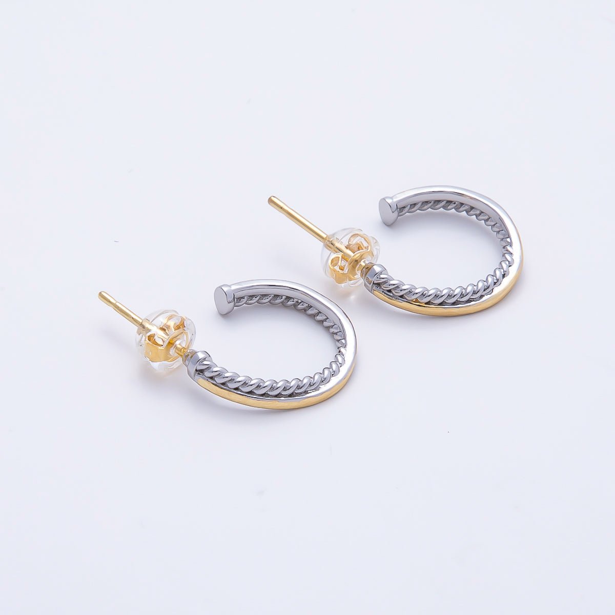 16K Gold Filled 16mm Mixed Metal Croissant Double C-Shaped Hoop in Silver & Gold | Earrings-00650 - DLUXCA