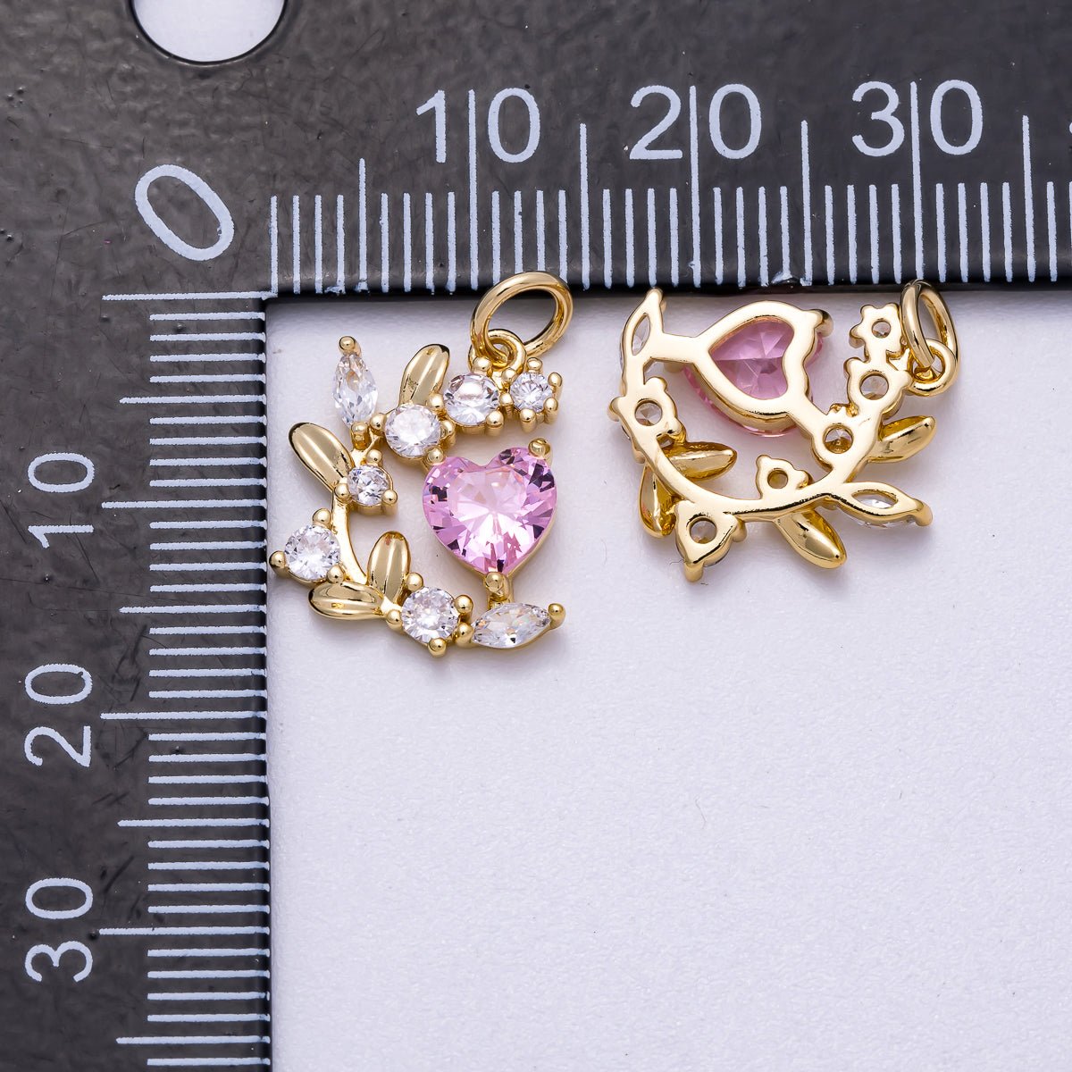 16K Gold Filled 16mm Pink Heart CZ Curved Leaf Flower Charm | Charms - 00539 - DLUXCA