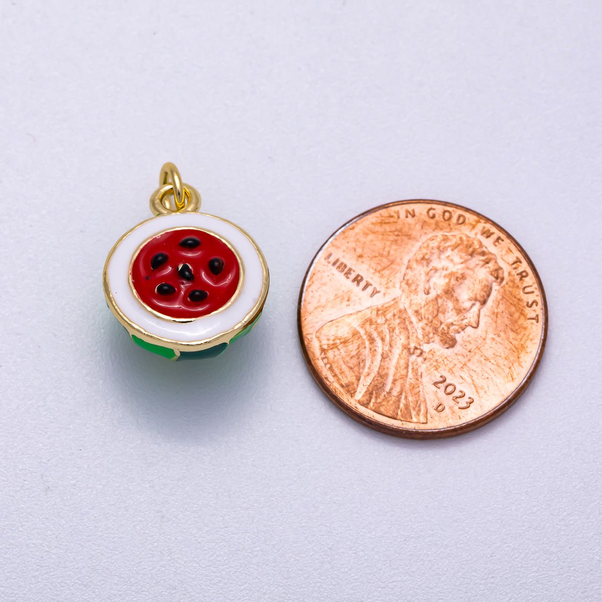 16K Gold Filled 16mm Red Enamel Watermelon 3D Multidimensional Fruit Charm | Charms - 00568 - DLUXCA