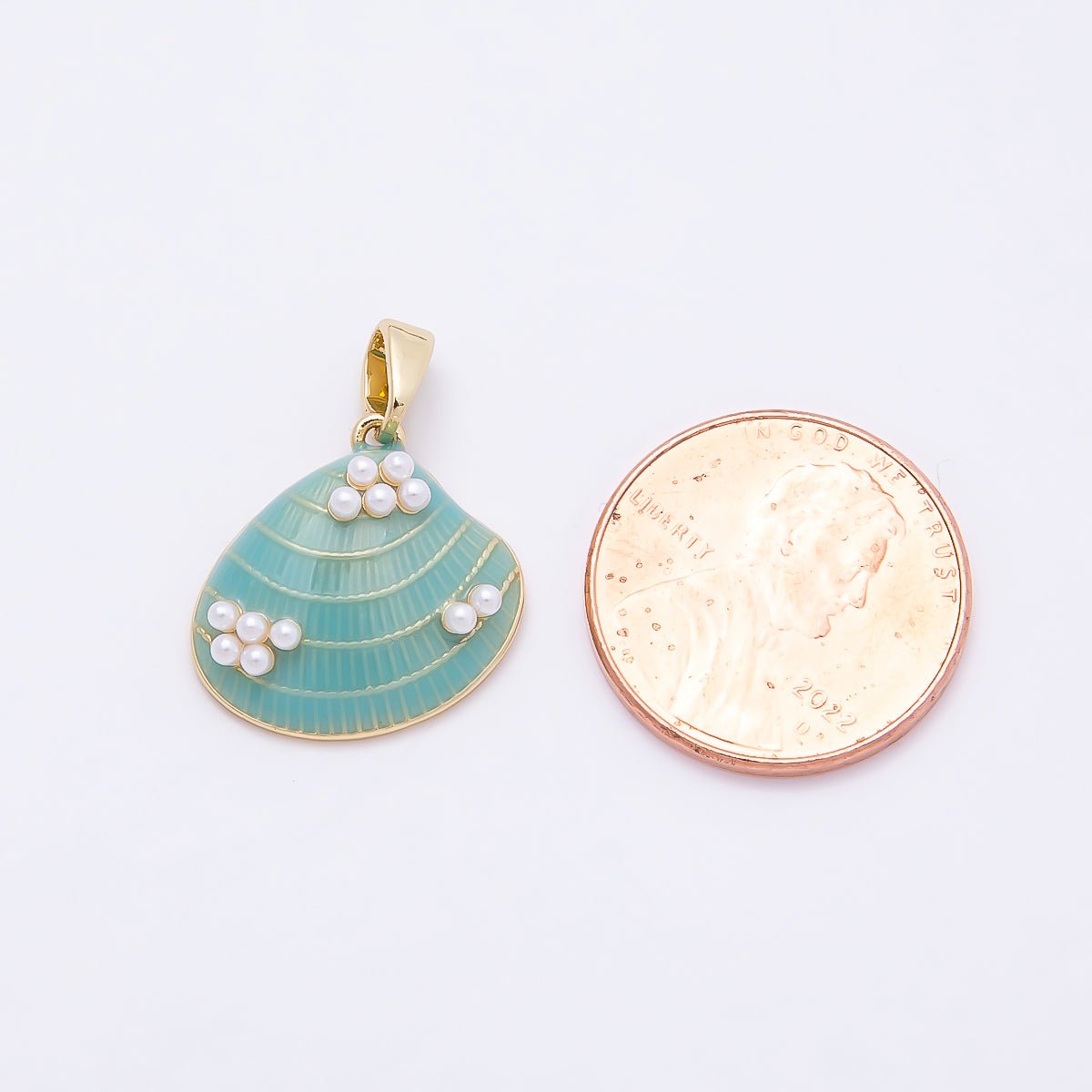 16K Gold Filled 16mm Shell Pearl Blue Enamel Clam Sea Shell Pendant | Charms-00949 - DLUXCA