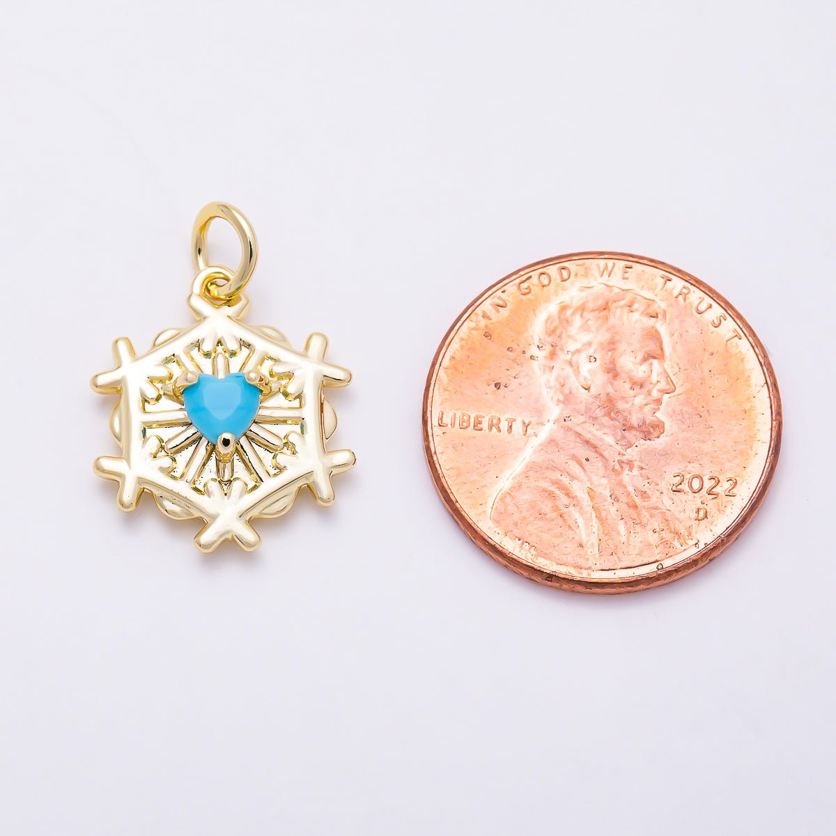 16K Gold Filled 16mm Turquoise Heart CZ Snowflake Charm in Gold & Silver | Charms-01855 - Charms-01856 - DLUXCA