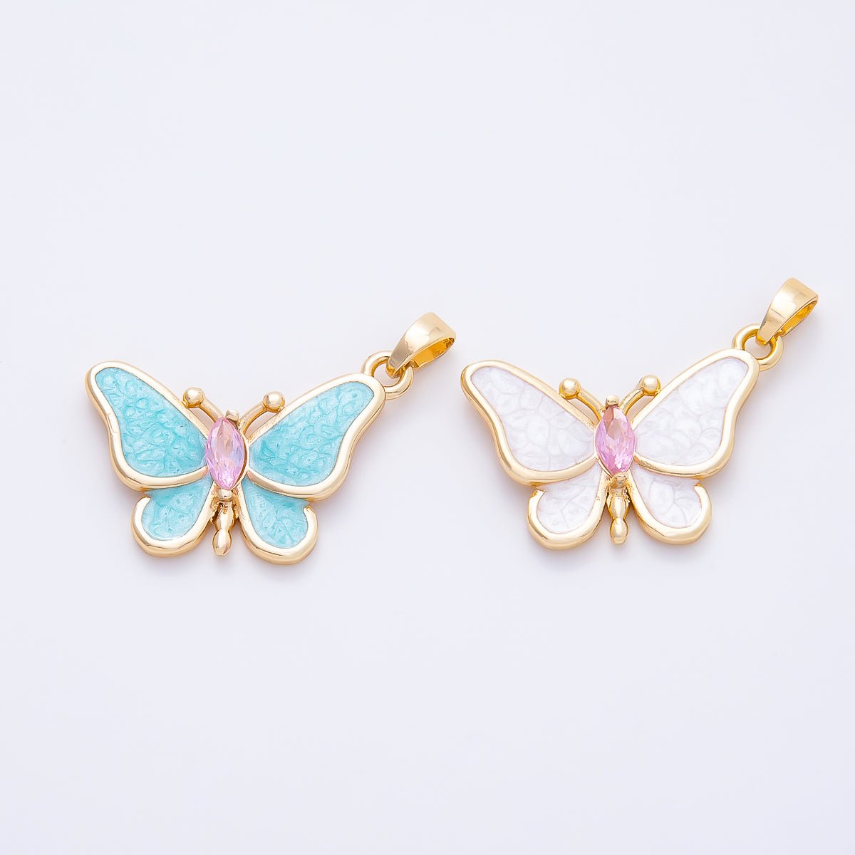 16K Gold Filled 17.5mm White, Blue Glitter Enamel Marquise CZ Butterfly Pendant | Charms-01259 Charms-01260 - DLUXCA