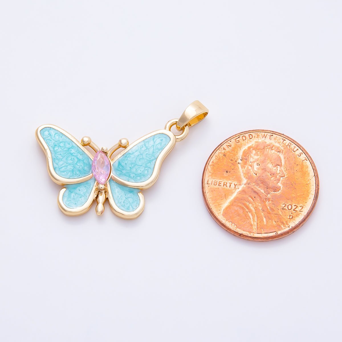 16K Gold Filled 17.5mm White, Blue Glitter Enamel Marquise CZ Butterfly Pendant | Charms-01259 Charms-01260 - DLUXCA