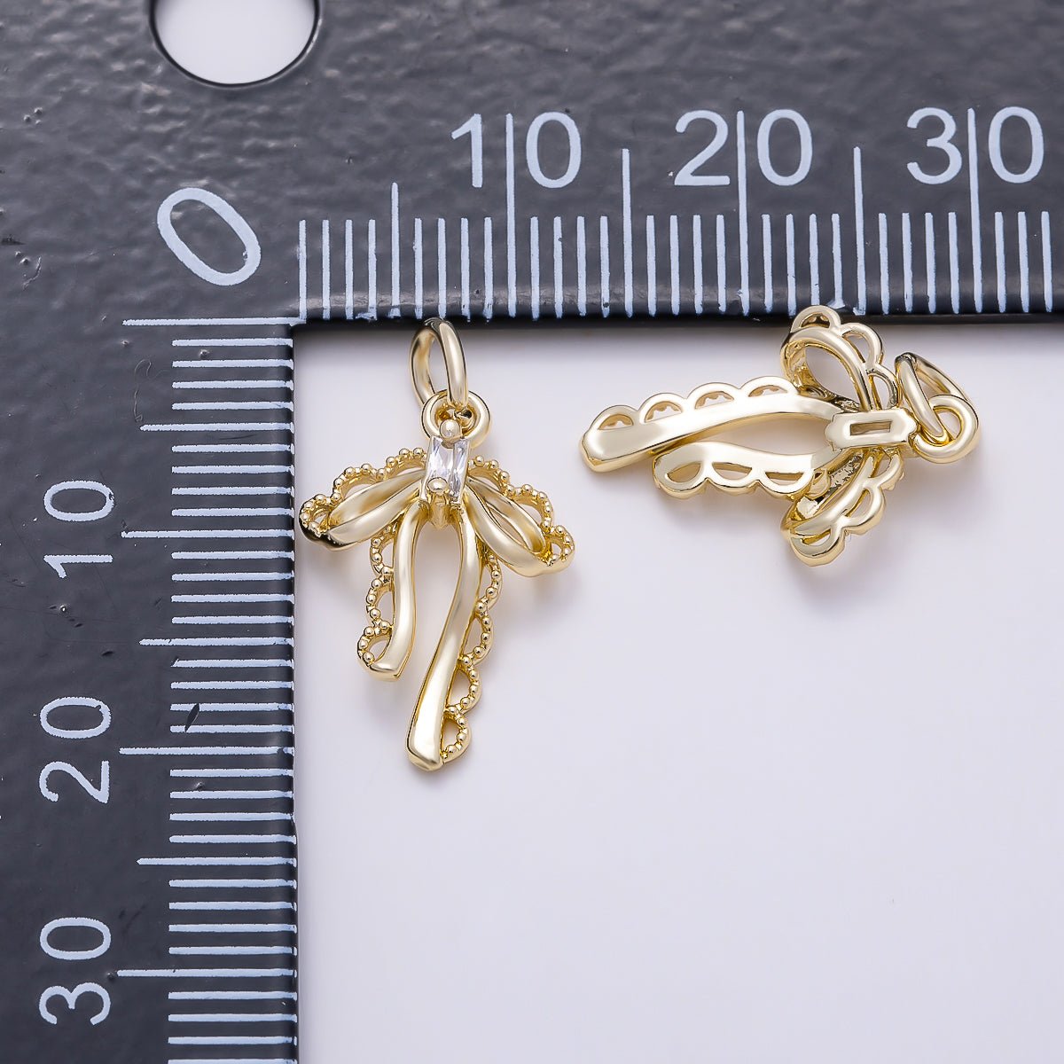 16K Gold Filled 17mm Baguette CZ Vintage Coquette Draped Ribbon Charm | Charms-01618 - DLUXCA