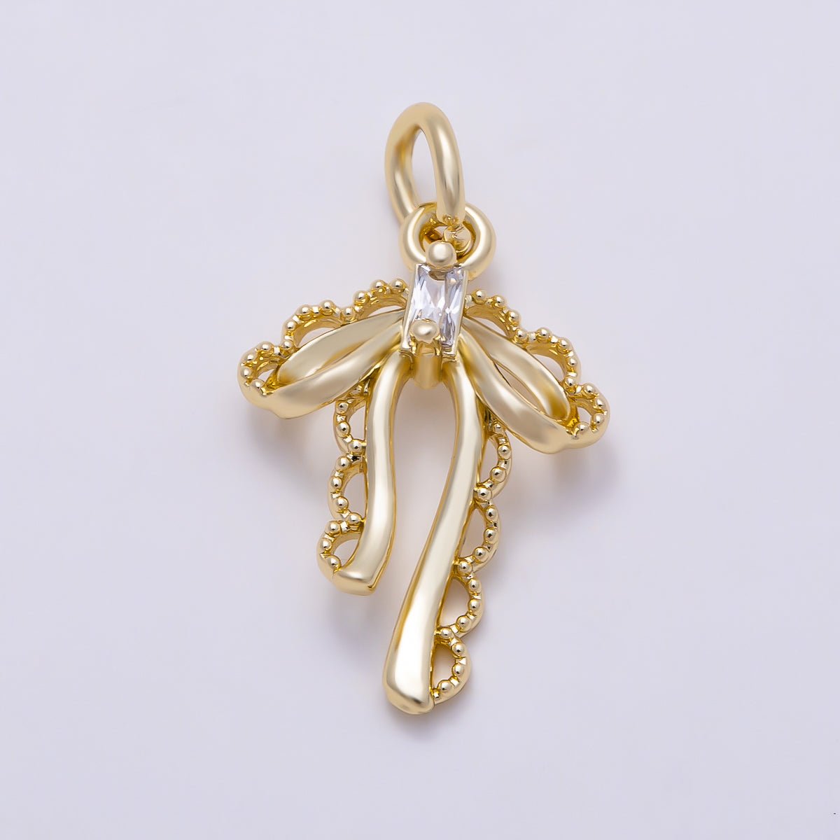 16K Gold Filled 17mm Baguette CZ Vintage Coquette Draped Ribbon Charm | Charms-01618 - DLUXCA
