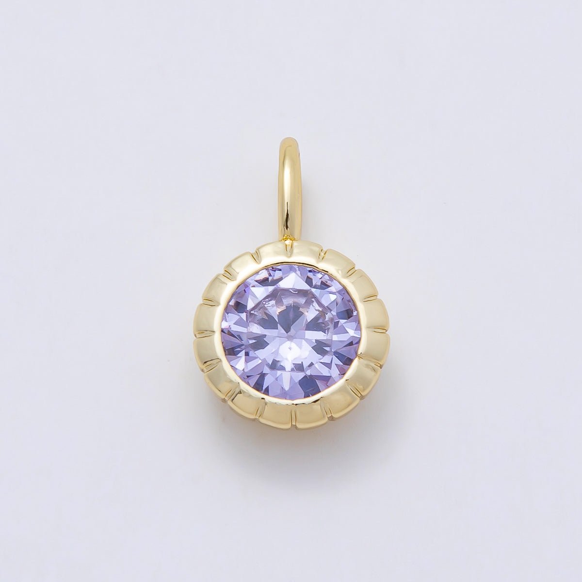 16K Gold Filled 17mm Birthstone Round CZ Ribbed Bezel Mini Pendant | Charms-01113 ~ Charms-01124 - DLUXCA