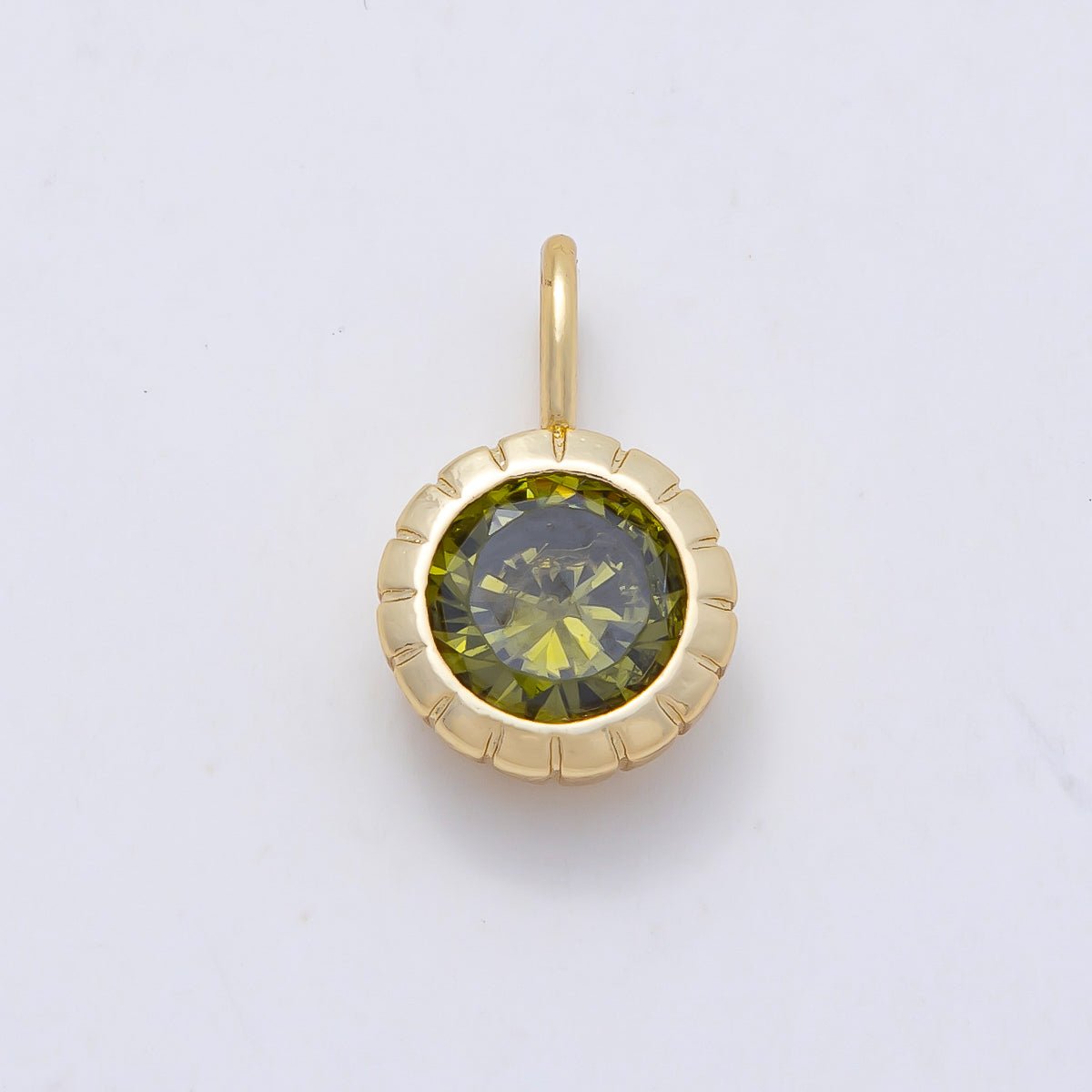 16K Gold Filled 17mm Birthstone Round CZ Ribbed Bezel Mini Pendant | Charms-01113 ~ Charms-01124 - DLUXCA