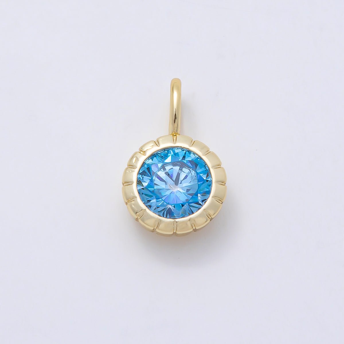 16K Gold Filled 17mm Birthstone Round CZ Ribbed Bezel Mini Pendant | Charms-01113 ~ Charms-01124 - DLUXCA